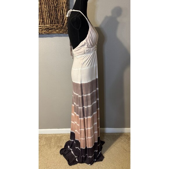SKY Brand Maxi Dress M Soft Brown Tie Dye Braid Trim Stretch Long NEW - Picture 7 of 11